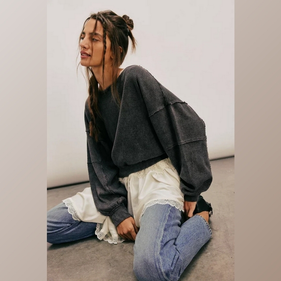 FREE PEOPLE Ife Pullover Sweater Thermal Textured Waffle Knit Crop Exposed Seams - Picture 4 of 16